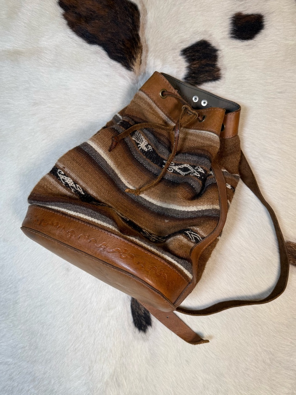 Vintage Southwestern Woven Leather Bucket Bag